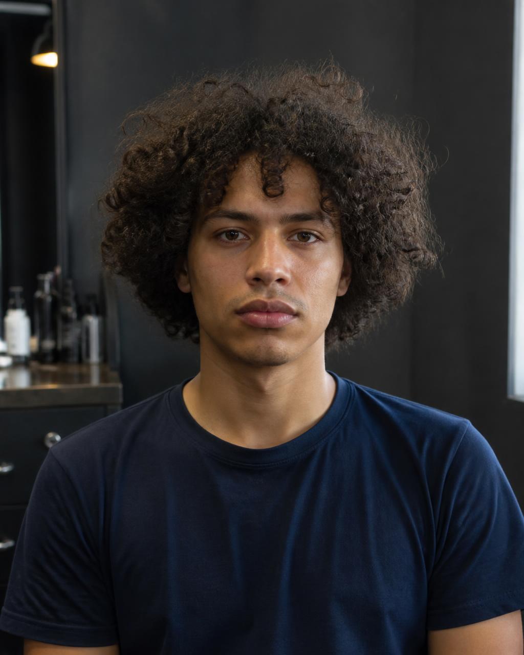 Cliente antes do corte, cabelo cacheado crescido e sem forma