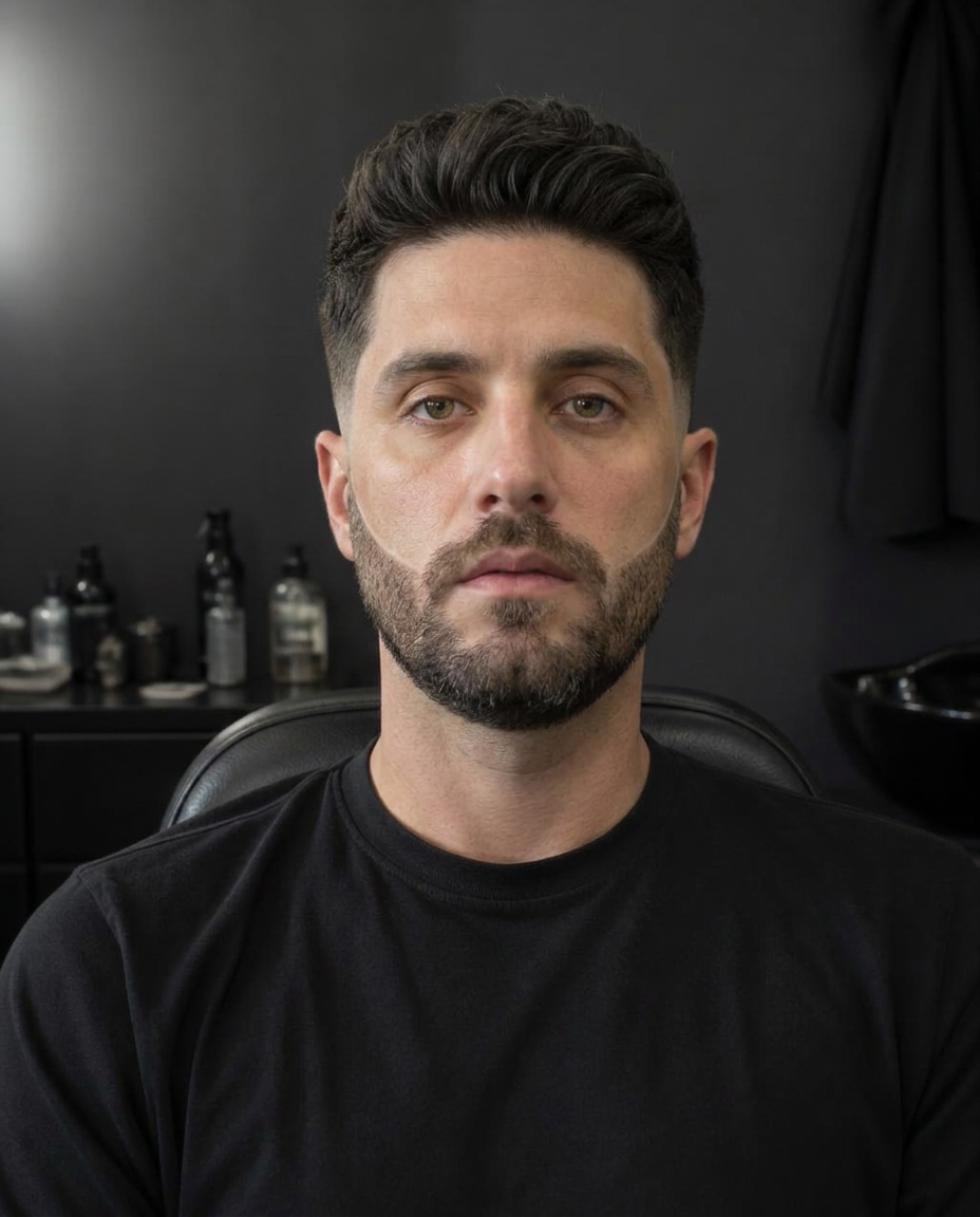 O mesmo cliente depois de corte com degradê baixo e barba desenhada